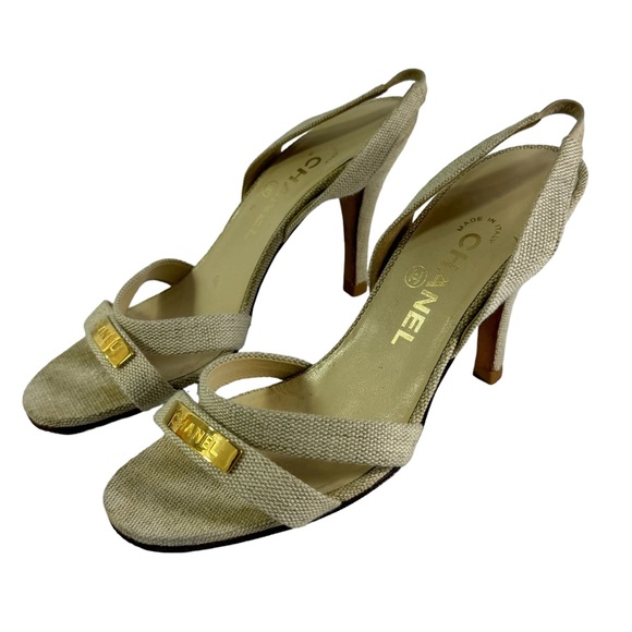 CHANEL Beige Fabric Slingback Strappy Sandals Made in Italy Marked as 37.5-7.5US - Picture 2 of 12